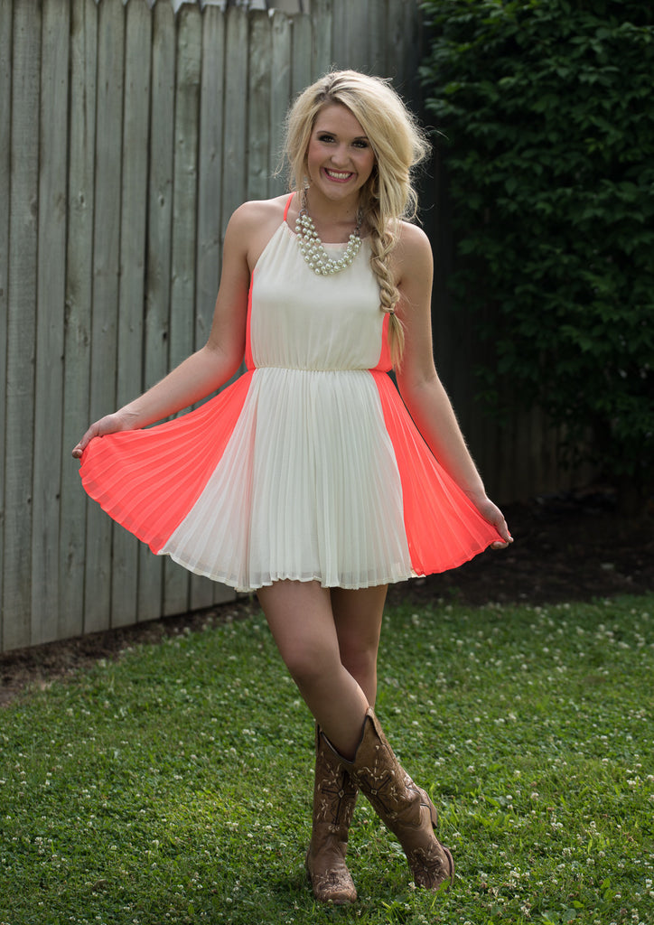 Around The Block Pleated Dress - Ivory/Coral