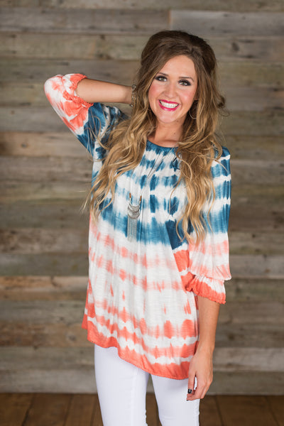 *1 LEFT - MEDIUM* Catch The Sun Peasant Top - Blue/Coral