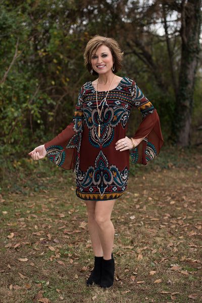 *1 LEFT - SMALL* Gather Around Dress - Burgundy/Multi