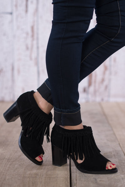 Hickory Fringe Open Toe Bootie - Black