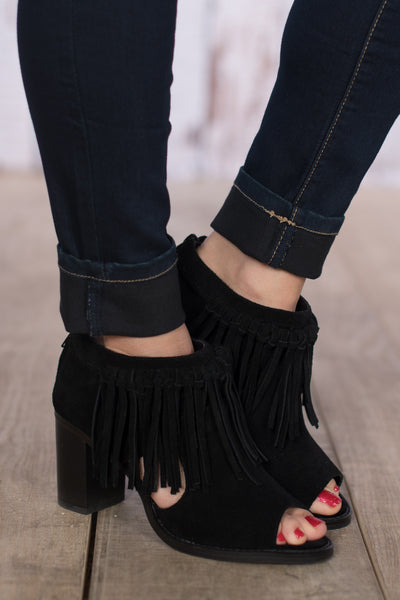 Hickory Fringe Open Toe Bootie - Black