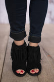 Hickory Fringe Open Toe Bootie - Black
