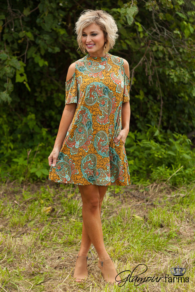 * 1 Left - Medium* Mixie Cold Shoulder Tunic/Dress - Mustard/Multi