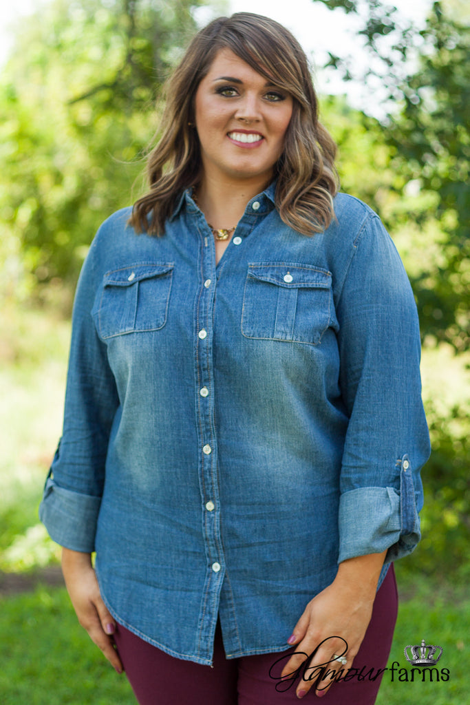 Curvy| Westbound Denim Shirt - Medium Wash