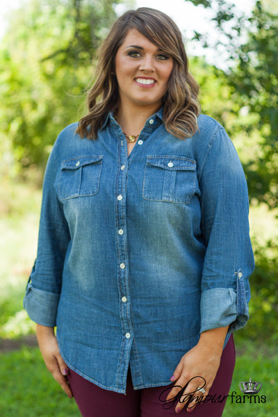 Curvy| Westbound Denim Shirt - Medium Wash