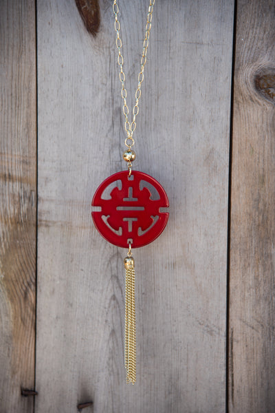 Zen Resin Pendant Necklace - Red